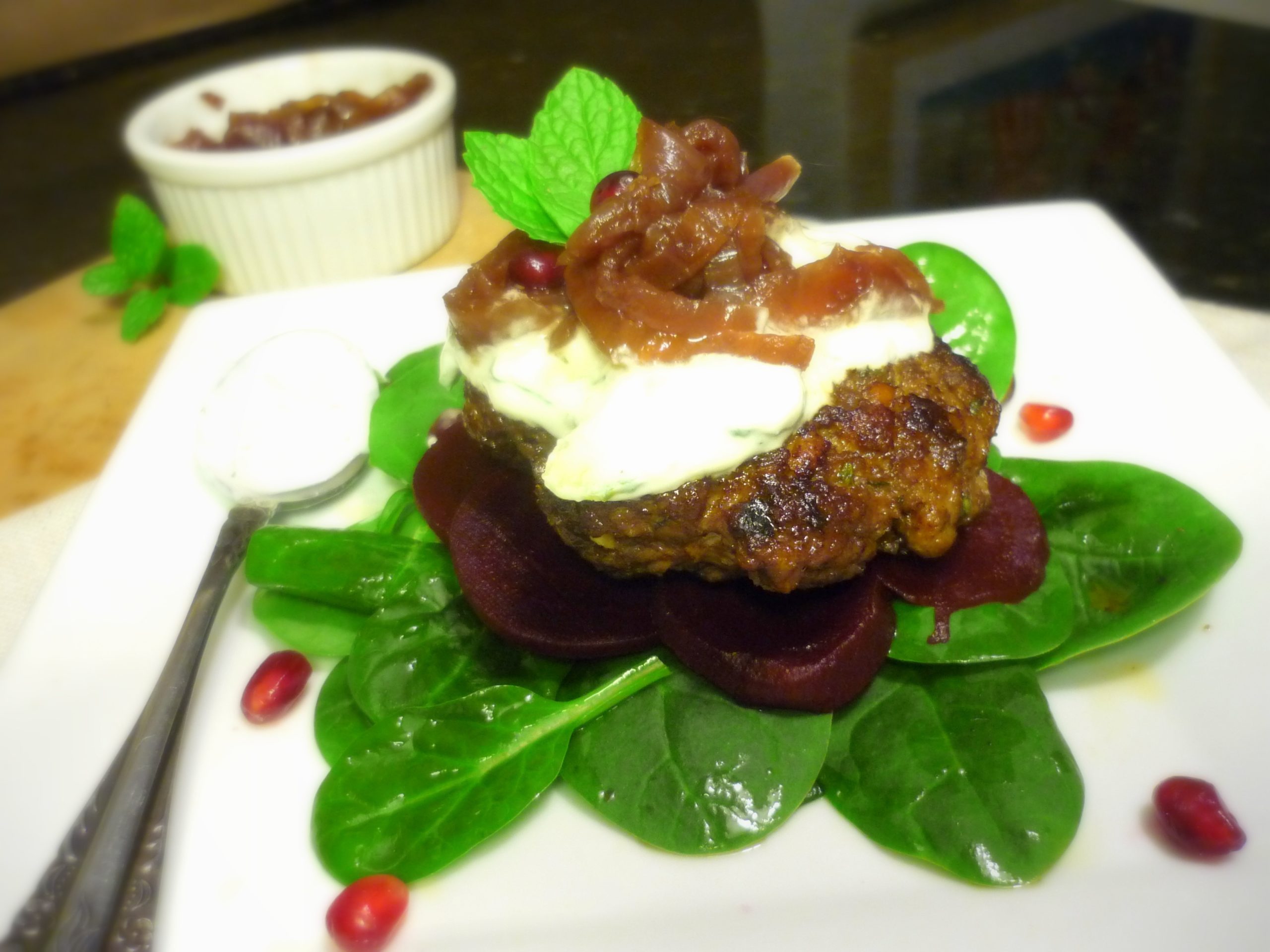 Lamb Burgers with Red Onion Relish, Herb Aioli, and Roasted Beets